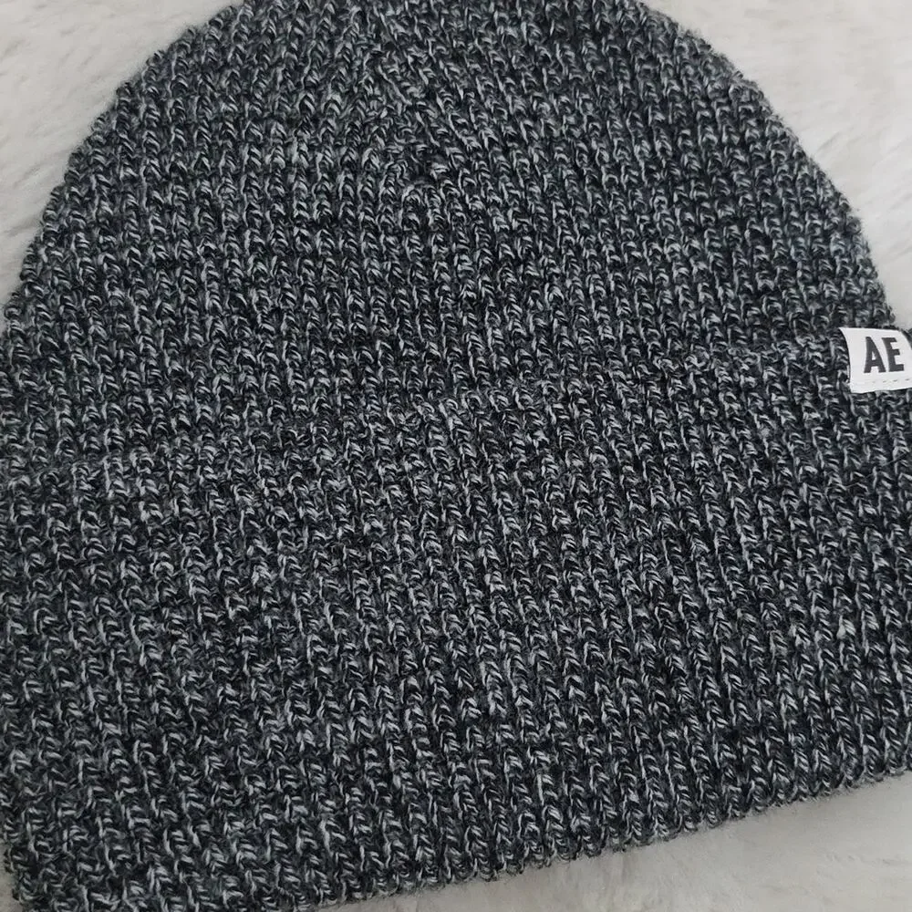American Eagle Black Marbled Waffle Knit Beanie NEW Unisex Slouchy Winter Hat OS